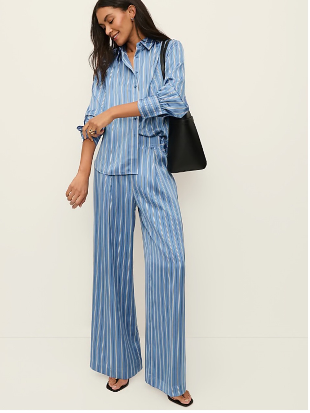 Ann Taylor Blue Striped Pleated satin Wide-Leg Pants In muted sky.